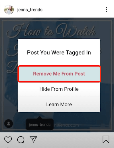 opțiunea de eliminare din postare afișată în meniul cu trei puncte al unei postări pe Instagram