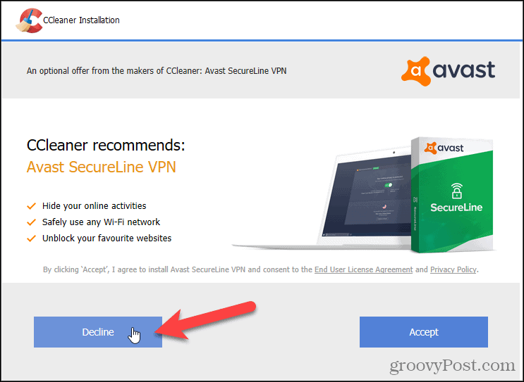 Refuză VPN Avast în CCleaner