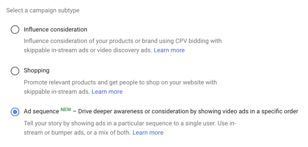 Cum să configurați o campanie publicitară YouTube, pasul 39, opțiune pentru a seta secvențierea anunțurilor