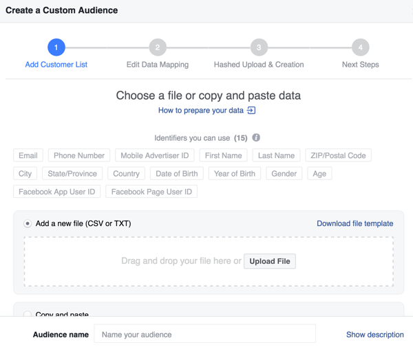 Când creați un public personalizat Facebook din lista dvs. de e-mailuri, vă puteți îmbunătăți rata de potrivire cu identificatori suplimentari.