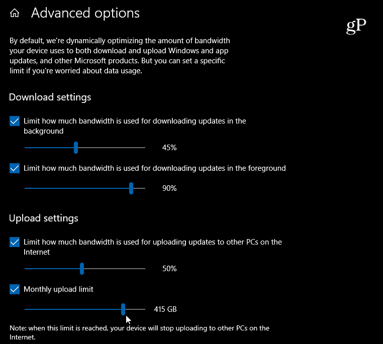 Windows 10 Setați Setări pentru descărcare și încărcare pentru lățimea de bandă