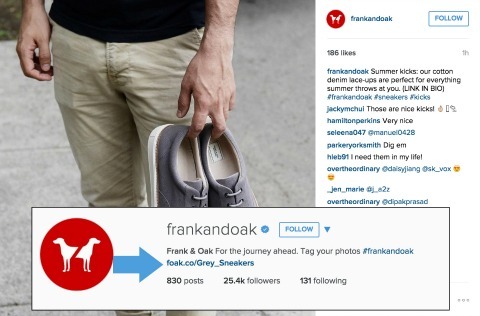 Exemplu Frank și Oak de adăugare de link-uri către biografia dvs. Instagram