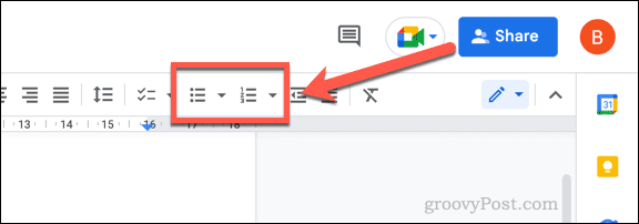 Inserarea unei liste marcate sau numerotate în Google Docs