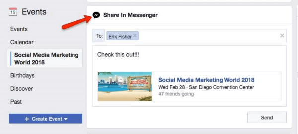 Facebook solicită utilizatorilor să partajeze un eveniment descoperit în Facebook cu alți utilizatori de Messenger.