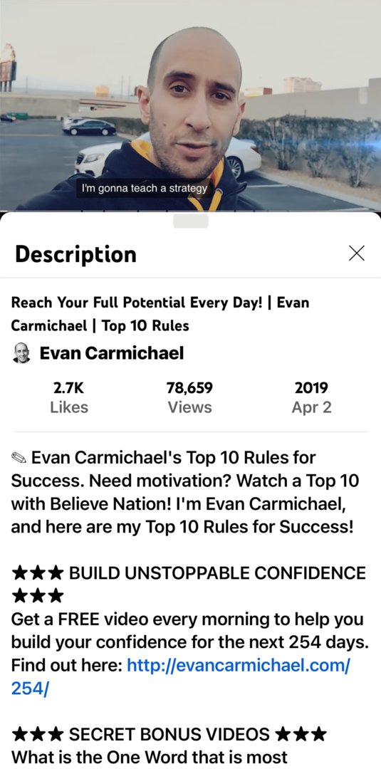 imagine a videoclipului YouTube Evan Carmichael și descriere pe aplicația mobilă