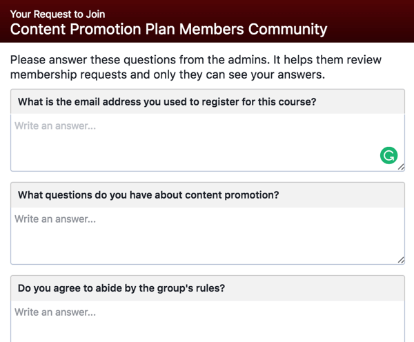 Rugați potențialii membri ai grupului Facebook să răspundă la întrebările de calificare.