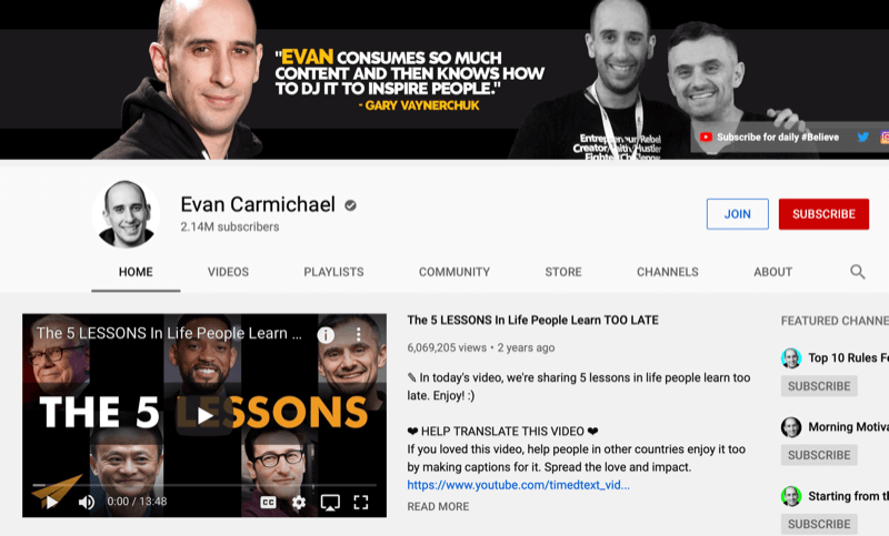 Pagina canalului YouTube pentru Evan Carmichael