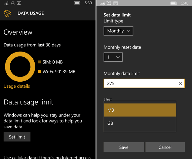 Utilizarea datelor Windows 10 Mobile