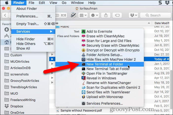 Selectați New Terminal la Folder in Finder