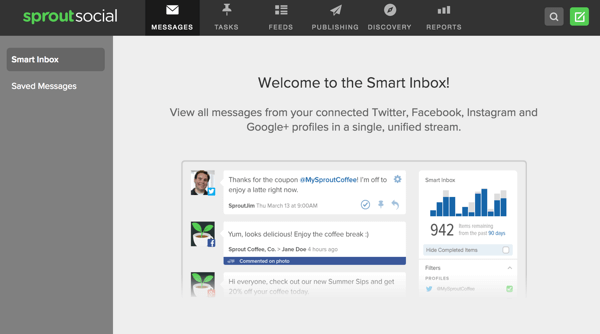 Sprout Social oferă o căsuță de e-mail inteligentă care vă permite să vizualizați mesaje din mai multe profiluri sociale într-un singur loc.
