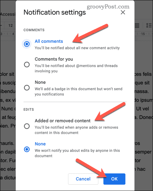 Setați setările de notificare în Google Docs