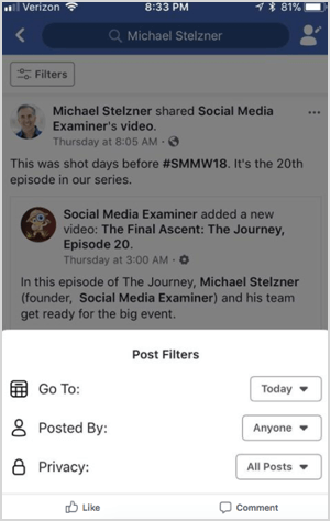 Funcția de filtrare a căutării profilului Facebook găsită în sălbăticie de Mike Stelzner.