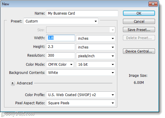 Photoshop mărime și rezoluție pentru cărți de vizită