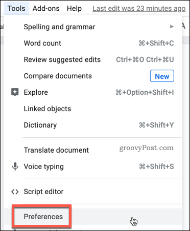 Butonul Preferințe Google Docs