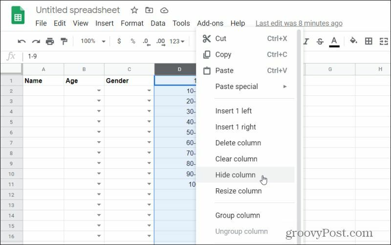 captură de ecran de a ascunde o coloană în foi Google