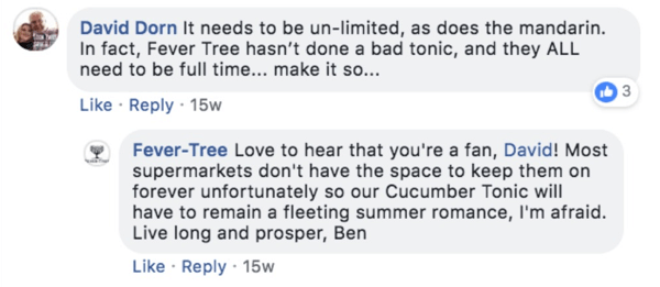 Exemplu de Fever-Tree care răspunde la un comentariu la o postare pe Facebook.