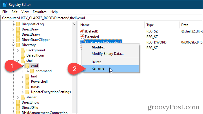 Selectați Redenumire pentru valoarea HideBasedOnVelocityId în Editorul de registru Windows