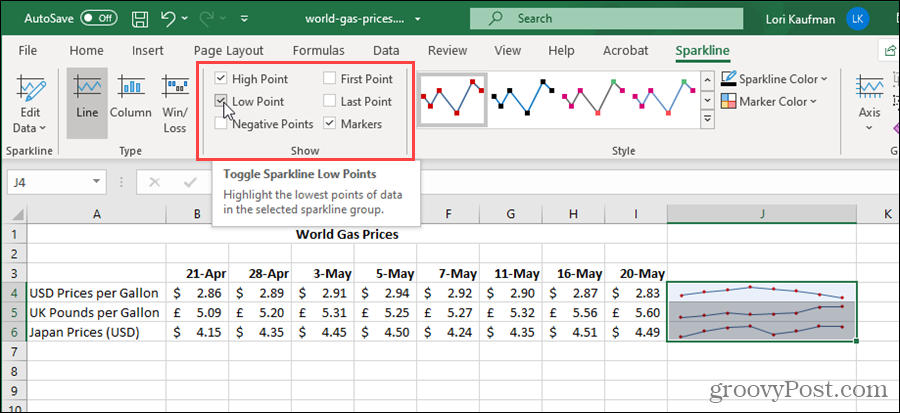 Afișați opțiunile pentru Sparklines în Excel