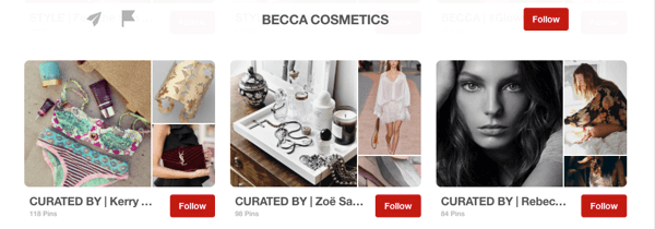 Exemplu de forumuri de oaspeți pe Pinterest organizate de influențatori pentru Becca Cosmetics.