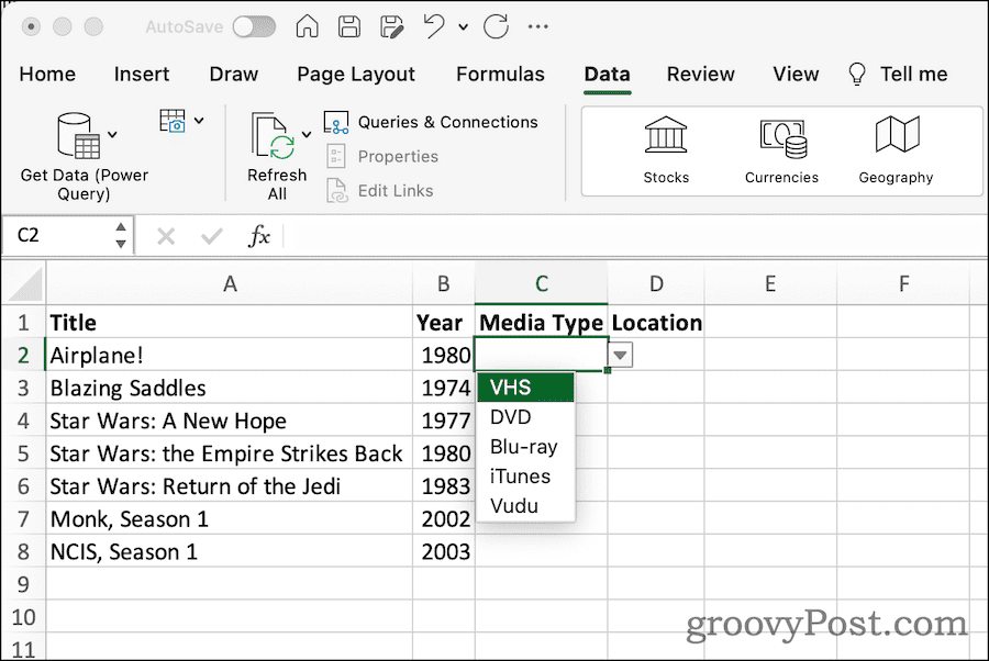 Lista drop-down în foaia de calcul Excel
