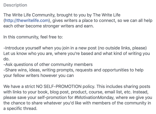 Cum să vă îmbunătățiți comunitatea de grup Facebook, exemplu de descriere și reguli ale grupului Facebook de către The Write Life Community