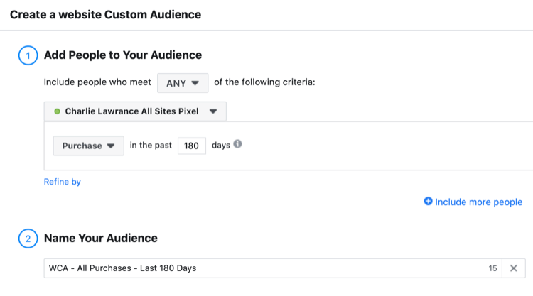 configurați site-ul Facebook publicul personalizat al vizitatorilor care au cumpărat în ultimele 180 de zile