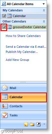 Captura de ecran a calendarului Outlook 2007 - Adaugă al doilea calendar