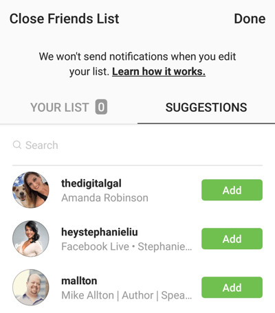 Opțiunea de a face clic pe Adăugare pentru a adăuga un prieten la lista de prieteni apropiați de pe Instagram.