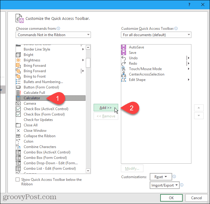 Selectați Calculatorul din stânga, apoi Faceți clic pe Adăugare în caseta de dialog Opțiuni Excel