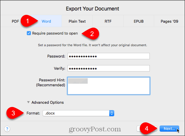 Exportați caseta de dialog Document în Pagini pentru Mac