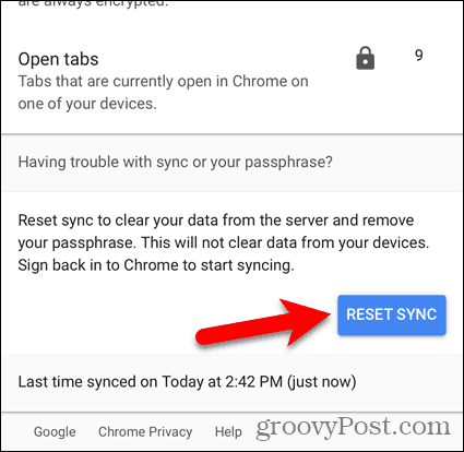 Resetați sincronizarea în Chrome pentru iOS