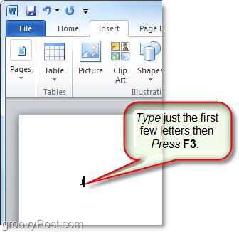 folosiți tasta f3 pentru a insera textul automat în cuvânt sau în perspectivă