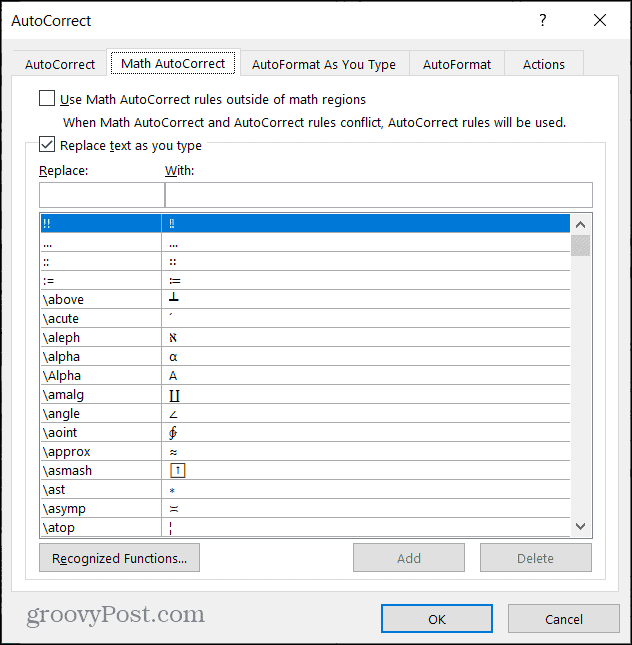 Math AutoCorrect în Word pe Windows