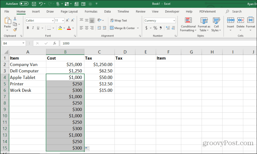 repetați completarea excel