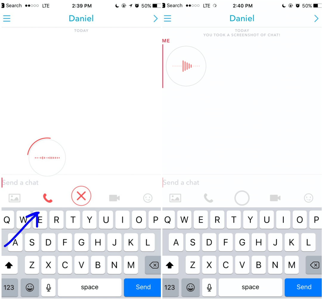 În Snapchat, țineți apăsată pictograma telefonului pentru a înregistra un mesaj vocal pe care clientul dvs. îl va vedea la următoarea conectare.