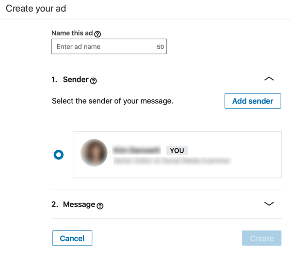 Cum să creați un anunț InMail sponsorizat bazat pe obiective LinkedIn, pasul 3, setați numele anunțului și expeditorul