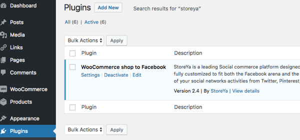 Veți ști că pluginul este activat atunci când WooCommerce Shop to Facebook apare sub Plugins instalate.