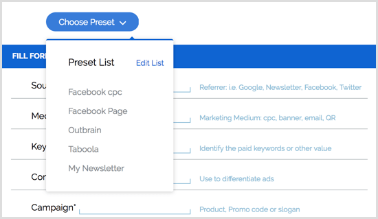 Presetări ale extensiei Chrome pentru Google URL Builder