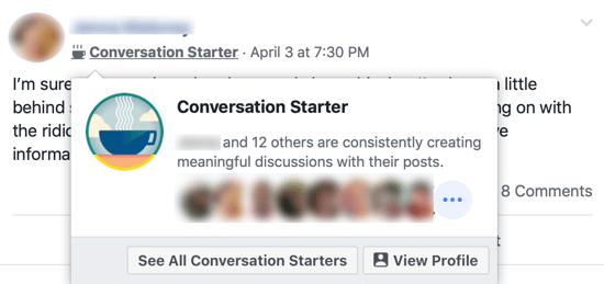 Cum să vă îmbunătățiți comunitatea de grup Facebook, exemplu al insignei de grup Facebook „Conversator Starter” de lângă numele membrilor grupului și fereastra pop-up care identifică ceilalți membri ai grupului care împărtășesc acea insignă