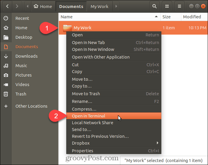 Selectați Deschideți în terminal în Ubuntu Linux