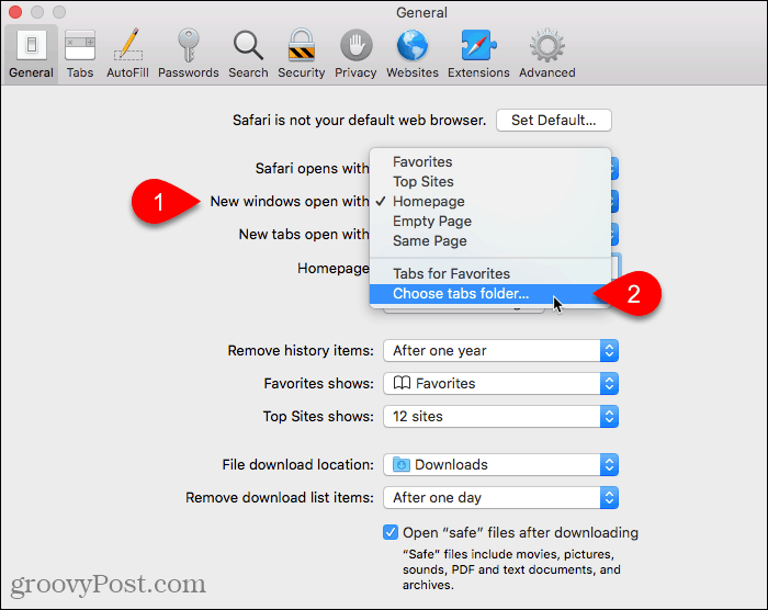 Selectați Alegeți folderul pentru file pentru ferestrele noi deschise cu setarea în Safari pe Mac