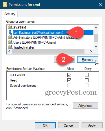 Eliminați un utilizator din caseta de dialog Permisiuni din Registrul Windows