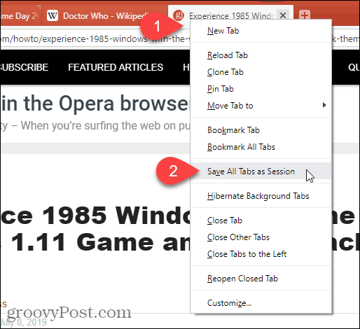 Faceți clic dreapta și selectați Salvați toate filele ca sesiune în Vivaldi