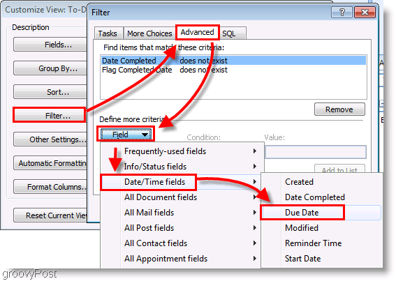 Captură de ecran: filtrul de configurare a barei de activități din Outlook 2007