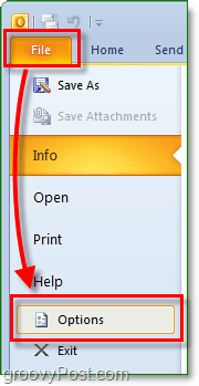 în Microsoft Outlook 2010, faceți clic pe panglica de fișiere pentru a intra în fundal, apoi faceți clic pe butonul de opțiuni