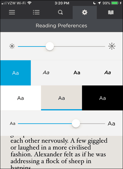 Preferințe de citire în BookFusion pentru iOS