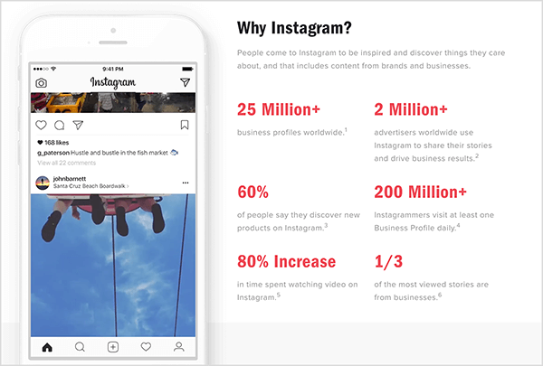 Instagram are o pagină web cu titlul „De ce Instagram?” care împărtășește statistici importante despre Instagram și Instagram Stories pentru afaceri.