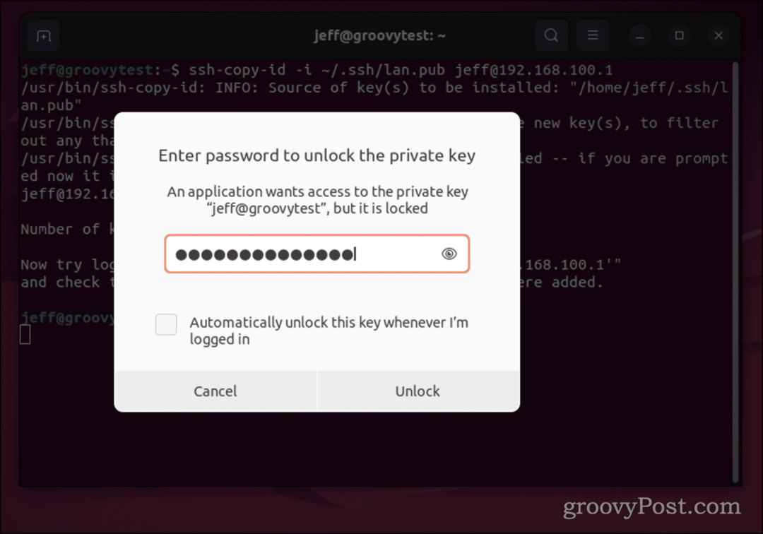 Dialog de parolă Ubuntu pentru cheia SSH