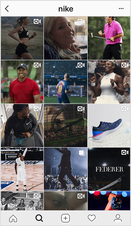 Postările Instagram de la Nike prezintă o grilă de sportivi care poartă echipament Nike, dar puține imagini din feed au text.