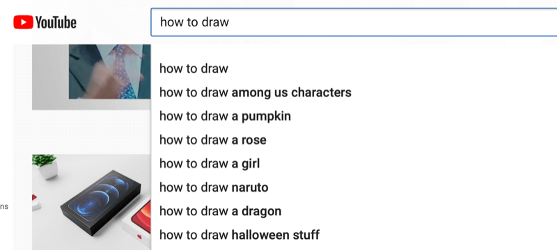 exemplu de cercetare a cuvintelor cheie în YouTube pentru expresia „cum să desenezi”